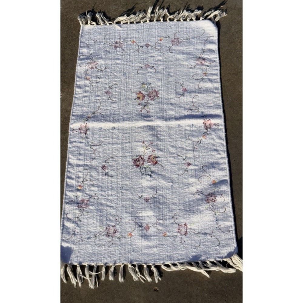 House of Lloyd Cross Stitch Rug 20"x40" Cotton Floral Fringe Handmade India